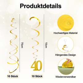 Pack of 20 Gold 40th Birthday Decoration Spirals, 40th Birthday Decoration Streamers, Spiral Garland for Celebration Decoration, Class Reunion Decoration