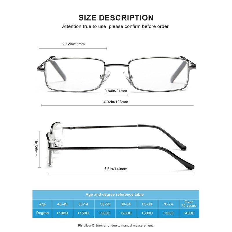 OKH 3 Pack Stainless Reading Glasses 2.0, Metal Frame Blue