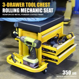 TOOLS DNA Motoring 3-Drawer Chest Rolling Mechanic Seat Trays,350lbs Max Weight Capacity, Yellow, TOOLS-00261-YL