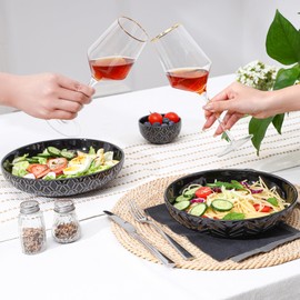 Sureasy Pasta Bowls Set of 4-30oz Large Embossed Salad Bowls, 8.5 Inch Wide and Shallow Plate Bowls, Salad Bowl, Microwave, Oven & Dishwasher Safe, Black