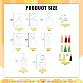 Mardatt 84 Pcs 8 Type Photo Frame Keychain Set, Clear Picture Insert Blank Keyrings with Split Ring and Tassels for Custom DIY Key Chain Projects and Crafts（Square, Heart, Oval, Round, Rectangle,ect