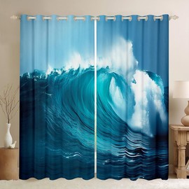 jejeloiu - Cortinas de oscurecimiento de ondas marinas (2 paneles, 38 x 45 pulgadas), cortinas de océano azul para recámara, sala de estar, niños, niñas, decoración con temática oceánica, 30 % a 50 % opacas, olas furiosas, tratamientos de ventana mar