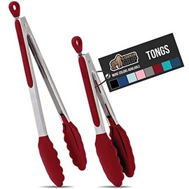 Gorilla Grip Stainless Steel Silicone Tongs for Cooking, Set of 2, Includes 7 and 9 Inch Locking Kitchen Tong, Heat Resistant Tip, Strong Grip for Meat, Perfect for Nonstick Pans and BBQ, Red