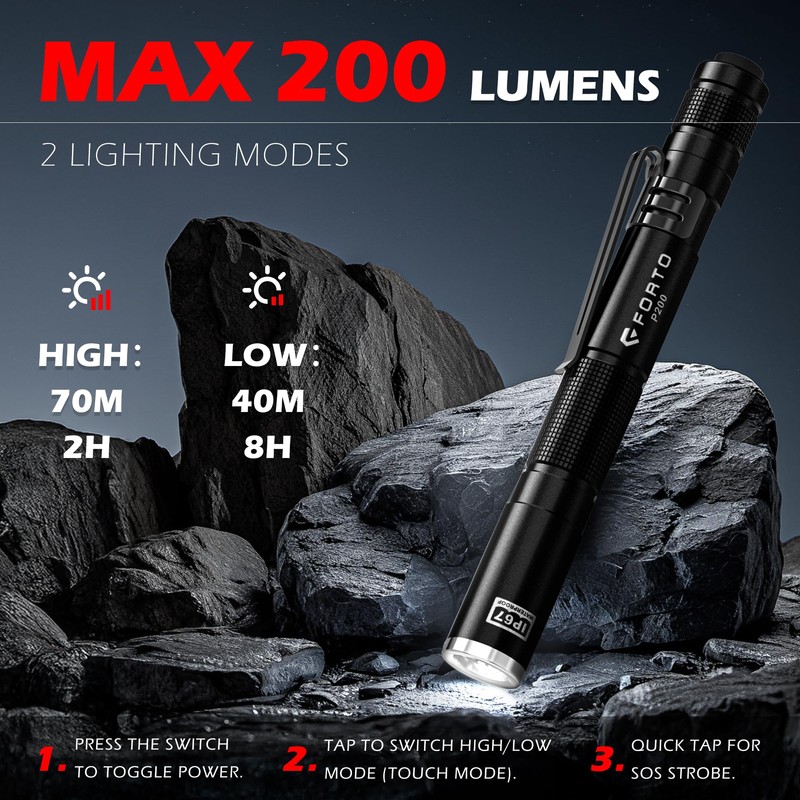 FORTO LED Pen Light, 200 Lumens Pocket Flashlight, IP67 Waterproof,