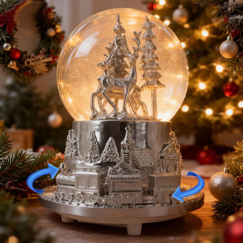 Hpoeude Musical LED Light Up Snow Globe with Rotating Train,