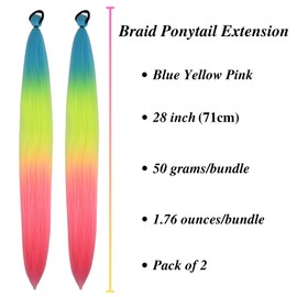 Blue Yellow Pink Braiding Hair Extension for Braids Synthetic Braid Ponytail Extensions with Elastic Tie Fashion Festival Rave Hair Accessories(Pack of 2)