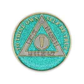 5 Year Sobriety Coin | Glitter Triplate AA Chip Recovery Anniversary Token (Aqua)