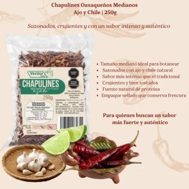 Chapulines Con Ajo Y Chile Oaxaqueños Medianos Verdor Chili 250 Gr