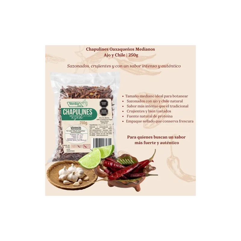 Chapulines Con Ajo Y Chile Oaxaqueños Medianos Verdor Chili 250