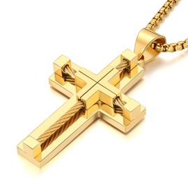 Jurikko Cross Necklace for Men 316L Stainless Steel Big Jesus Christ Silver/Gold/Black Men's Cross Pendant Necklace Rolo Chain