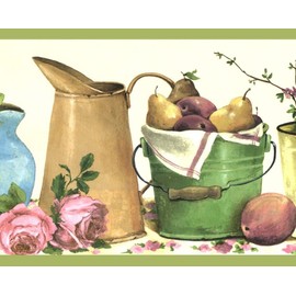 CONCORD WALLCOVERINGS ™ Wallpaper Border Garden Pattern Flowers Fruits Dishes Buckets on Shelf for Cottage Farm House, Cream Green Beige Red Blue Yellow Green Brown, 7 Inches by 15 Feet KB79738