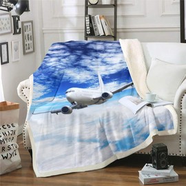 Feelyou Aircraft Sherpa Throw Blanket Airplane Print Plush Blanket Aircraft Flying Fleece Blanket for Couch Sofa Holiday Travel Fuzzy Blanket Ultra Soft Room Decor Throw 50"x60"