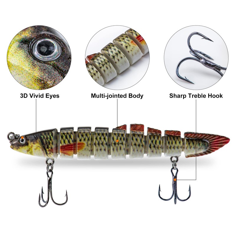 Matymats 6Pcs Pike Fishing Lures, 9 Segmented Multi Jointed, 3.9",