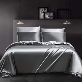 YASMENG Satin Bed Linen 135 x 200 cm Grey Dark Grey Light Grey Reversible Bed Linen Deluxe Bed Linen Satin Soft Smooth Shiny Silky Silk Bed Linen 2-Piece with Zip and 80 x 80 cm Pillowcase