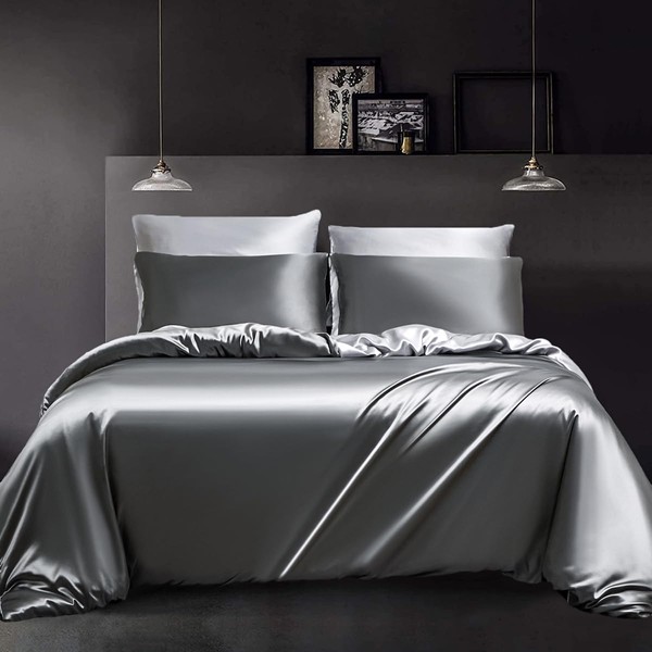 YASMENG Satin Bed Linen 135 x 200 cm Grey Dark