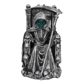 Ebros Gift The Dark Lord Face of Death Grim Reaper Skeleton Sitting On Judgement Throne Figurine with Colorful LED Face Night Light 8.5" High Ruler of The Underworld Ossuary Macabre Accent
