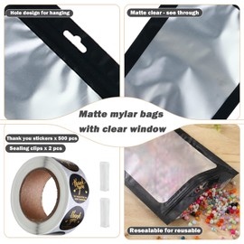 100-pack 10 x 14 in Mylar Bags with Clear Window 1 Gallon Large Resealable Foil Pouches for Food Storage Smell Proof Edible Packaging Bags Bulk for Jewelry Small Business Shipping Bags, Matte black