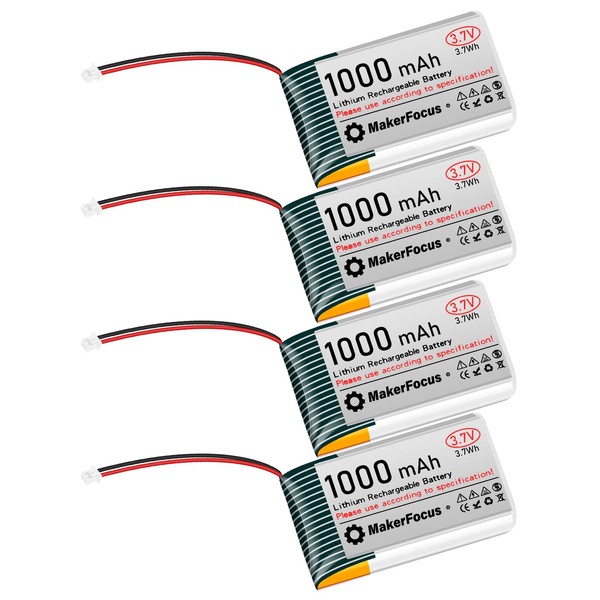 MakerFocus 4pcs 3.7V Lithium Rechargeable Battery JST1.25 Connector 2pin, 952540