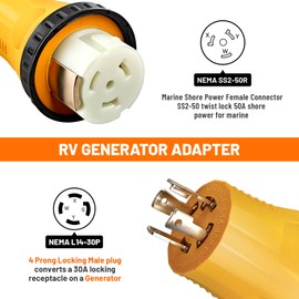 MECMO NEMA L14-30P to SS2-50R RV Marine Power Generator Adapter, 30A 4 Prong Twist Lock Generator L14-30P Male to 50A Marine Shore Power SS2-50R Female with Locking Ring, 125V/250V