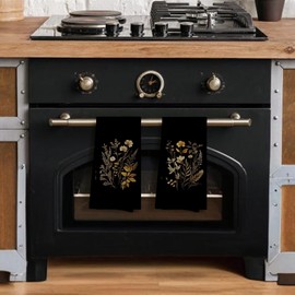 Sviojuce Black Vintage Floral Botanical Kitchen Towels Decorative 16x24 Set of 2, Dark Academia Moody Flower Dish Towels Cloths Dishcloths Tea Towel, Fall Wildflower Bathroom Kitchen Hand Towel Decor