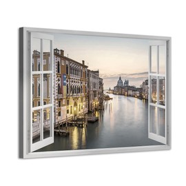 ARTISTIC PATH Italy Cityscape Canvas Wall Art: Venice Water City Picture Fake Window Port Town Prints Artwork for Living Room Bedroom Bathroom