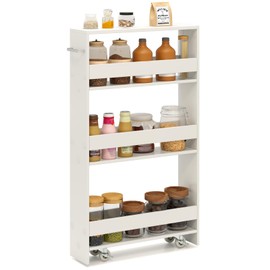 SILKYDRY Slim Rolling Storage Cart, 4 Tier Narrow Kitchen Cart with Wheels, Between Washer and Dryer Cart, Wood Shelving Unit Organizer w/Handle for Small Spaces (White, 5-Inch)