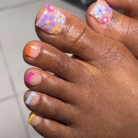Spring Summer Flower Press on Toenails Colorful French Tip Fake Toenails Matte Short Square Toe Nails Full Cover Toe Nails for Women