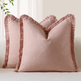OTOSTAR Set of 2 Linen Fringe Decorative Throw Pillow Covers 16x16 Inch Soft Accent Cushion Covers with Tassels Boho Farmhouse Home Decor Pillowcases for Sofa Couch Patio Bed Living Room, Pink
