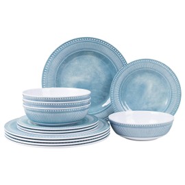 AELS Melamine Dinnerware Set of 12 Pcs, Dinner Dishes Set for Indoor and Outdoor Use, Melamine Plates and Bowls Set for 4, Dishwasher Safe, Lightweight Unbreakable, BPA Free, Blue