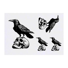4 x 'Raven On Skull' Temporary Tattoos - Water Resistant, Skin-Safe, Non-Toxic Transfers, Mixed Sizes (TO00077664)