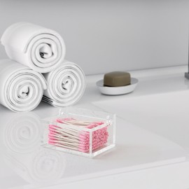 WORHE Acrylic Premium Cotton Bud Holder with Lid Bud Dispenser, Floss Picks, Cosmetic Storage Case, Home Bathroom Decor, Keep your Cotton Swabs Neat and Tidy-Size Medium-DP051