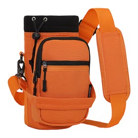 Nuovoware Water Bottle Carrier, 40oz Bottle Carrier Sports Water Bottle Holder with Adjustable Shoulder Strap, 2 Pockets Flask Sling Bag Drawstring Pouch for Hiking, Orange