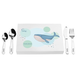 LAUBLUST Children's Cutlery with Name Engraving - Whale UV Print & Gift Box White | Cutlery with Name - Christening Gift for Children - Christening Gifts for Boys and Girls | Stainless Steel -