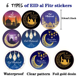 600 Pcs 1.5 Inches Eid Mubarak Ramadan Kareem Stickers Roll, 6 Patterns Round Happy EID Gift Tag Wrapping Paper Self-Adhesive Stickers Labels for Candy Chocolate Ramadan Eid Muslim Party Decoration