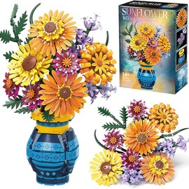 Juego de bloques de construcción de ramo de flores con jarrón, regalo para el día de la madre, madre, abuela, 1065 piezas de girasol artificial botánico, enfermera, maestro, regalo de cumpleaños para