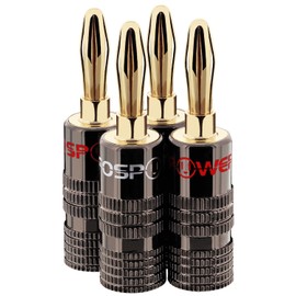 FosPower Banana Plug Connectors [Screw-in / 24k Gold Plated / Metal Shell] for Solderless Speaker Cables, Speaker Wires, Wall Plate (Set of 4 / 2 Pairs)