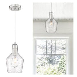 Emliviar 1-Light Vintage Hanging Ceiling Light, Brushed Nickel Finish Kitchen Light Fixture, Adjustable Pendant Lighting with Seeded Glass Shade, DYE286G2-MIL BN