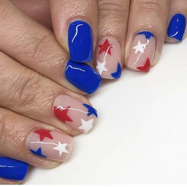 4th of July Press on Nails Short Square Fake Nails Blue Full Cover Red White Blue Star False Nails with Designs Glossy Glue on Nails Acrylic Nails Tricolor Manicure Artificial Nails for Women Girls