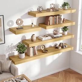 FLYJOE 24 Inch Long Floating Shelves for Wall Set of 1, 12" D Wood Grain Bathroom Shelves with Invisible Brackets, Easy Install Engineered Wood Storage Shelves for Kitchen, Living Room, Bedroom