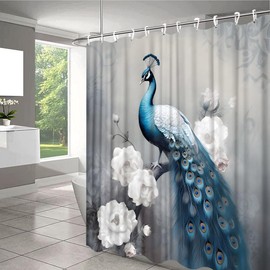 Peacock Shower Curtain Blue Beautiful Bird Asian Animals Peacock Feather Chinese Style Vintage Machine Washable Fabric Bathroom Decor Set with Hooks 70W x 70H Inch