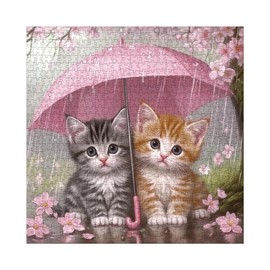 Cat Flower Puzzle for Adults 1000 Pieces, Cute Floral Jigsaw Puzzle,Cherry Blossom Kitten Rain Puzzle