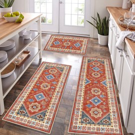HEBE Boho Kitchen Rug Sets 3 Piece with Runner Non Slip Kitchen Rugs and Mats Washable Kitchen Mats for Floor Thick Kitchen Floor Mat Carpet Runner Rugs for Hallway Laundry Holiday Decor