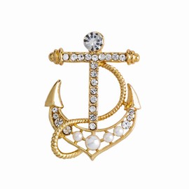 Crystal Anchor Brooch Pearl Corsage Collar Breast Pin Vintage Rhinestone Faux Pearl Badge Coat Suit Skirt Studs Accessories for Women Men Girls (Gold)