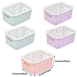 BUYGOO 5Pcs Plastic Storage Baskets with Lids Muti-colour Plastic Organizer Baskets with Handle Small Plastic Rattan Baskets for Shelve, Kitchen, Cupboards, Fridge