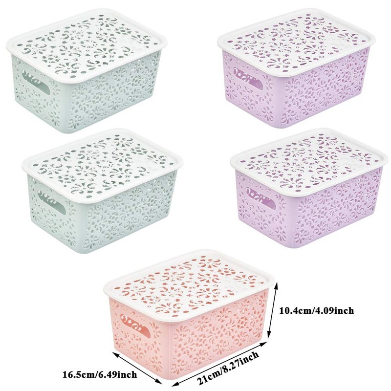 BUYGOO 5Pcs Plastic Storage Baskets with Lids Muti-colour Plastic Organizer