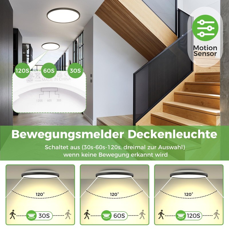 zemty LED Ceiling Light with Motion Sensor, 23 cm, 18