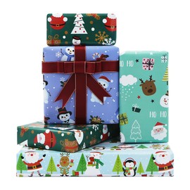 Christmas Wrapping Paper Folded Flat Sheets (30"x20" Per Sheet, 4-Sheets, 4-Designs: 15 sq. ft. ttl) with Wine Red Gold Edge Ribbon and Stickers for Kids Boys,Girls Baby Unique Xmas Decorative Paper and Holiday Gift Wrap