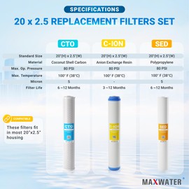 Max Water Whole House Water Softening Set 20" x 2.5" Polypropylene Sediment, Cation Resin, CTO Carbon Set compatible with most Slim Blue Whole House systems, good for Hard Water