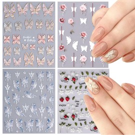 KASESSS 4 Blatt 3d Nagelsticker Schmetterling Blumen Nagelsticker Selbstklebend Stereoskopisch Aufkleber NäGel Nail Art Nail Sticker Dekoration Nageldesign ZubehöR Nagel Sticker 8x6,5cm