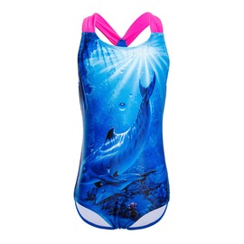 iDrawl One Piece Bathing Suit for Girls Sea World Theme Dolphins Pattern UPF 50+ Swimming Costum, S(4-6 Years), Blue